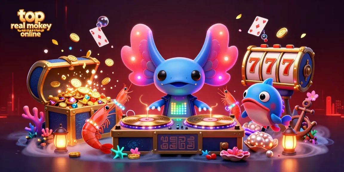 Experience top real money casinos online with lively underwater party featuring a DJ axolotl and vibrant sea creatures.