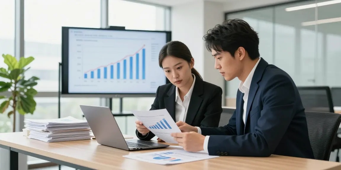 Professionals bespreken zakelijk krediet en financiële documenten in een moderne kantooromgeving.