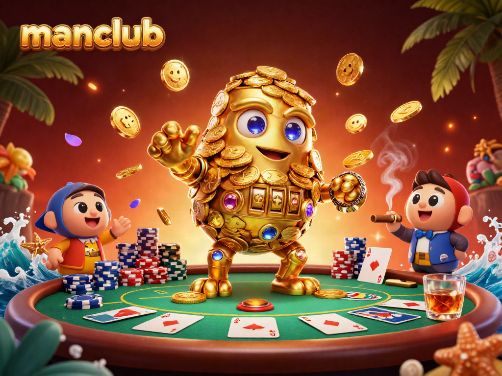 Win big with manclub's gaming excitement featuring golden golems, poker tables, and vibrant casino elements.