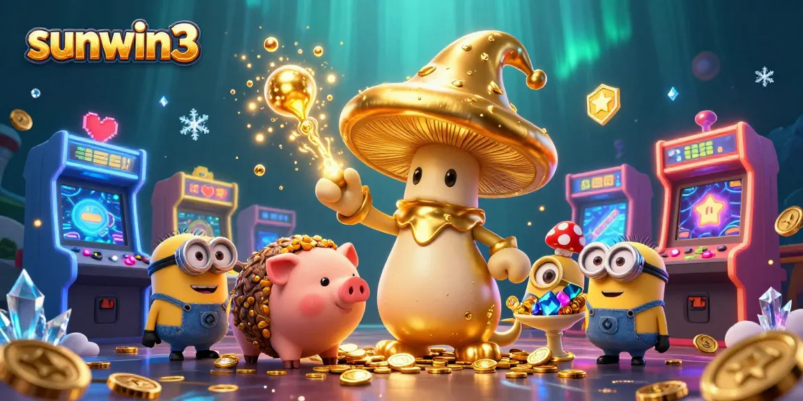 Engage with sunwin3 in a vibrant digital casino world, featuring a magical golden mushroom wizard and treasure-hunting pig.