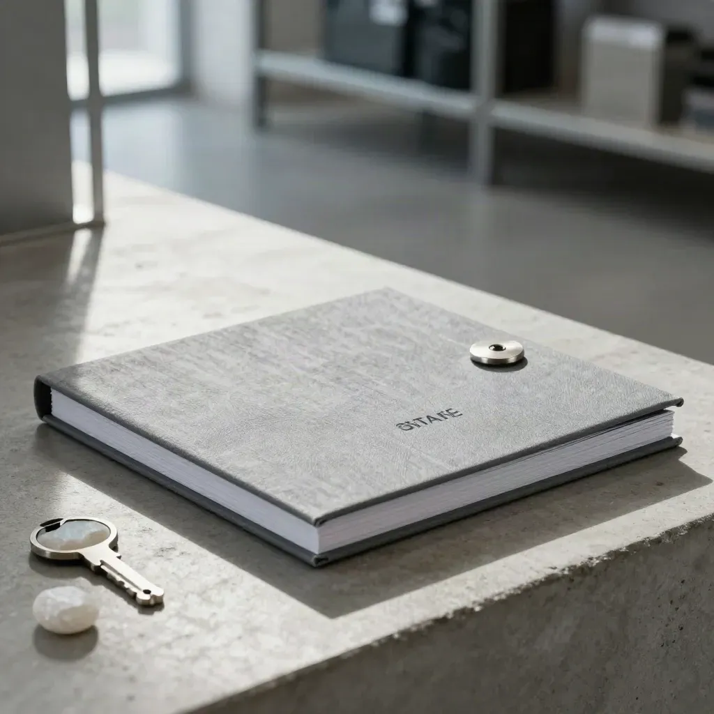 Staalgrijze folio met connector en twee samplechips op beton in zacht industrieel licht.
