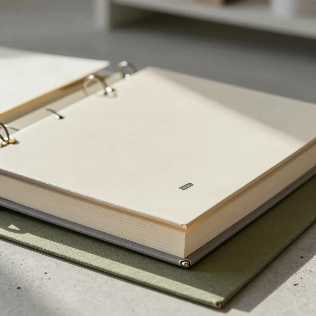 Halfopen binder met tabbladen en stalen spacer op koel beton met zachte schaduwen.