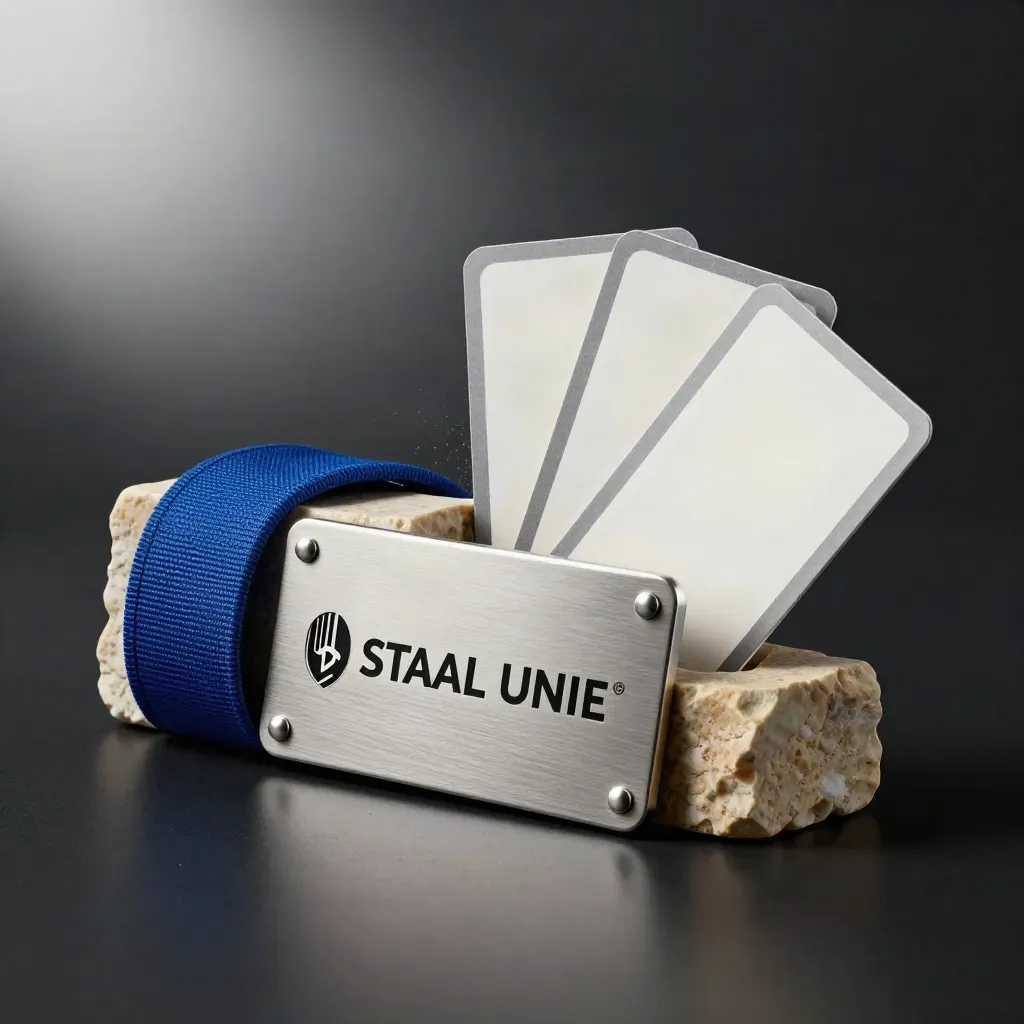 Exploderend ledenpakket met staalaccenten, steen en cobalt op zwarte studiobodem.