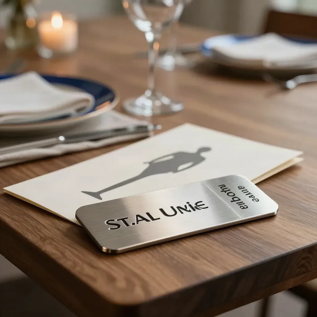 Netwerkdiner-token met papieren sleeve en glas op een warme dinertafel.