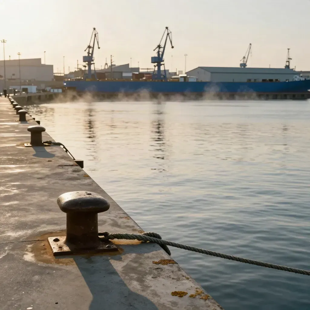 Havenkade bij gouden uur met kranen, mist en rustig water
