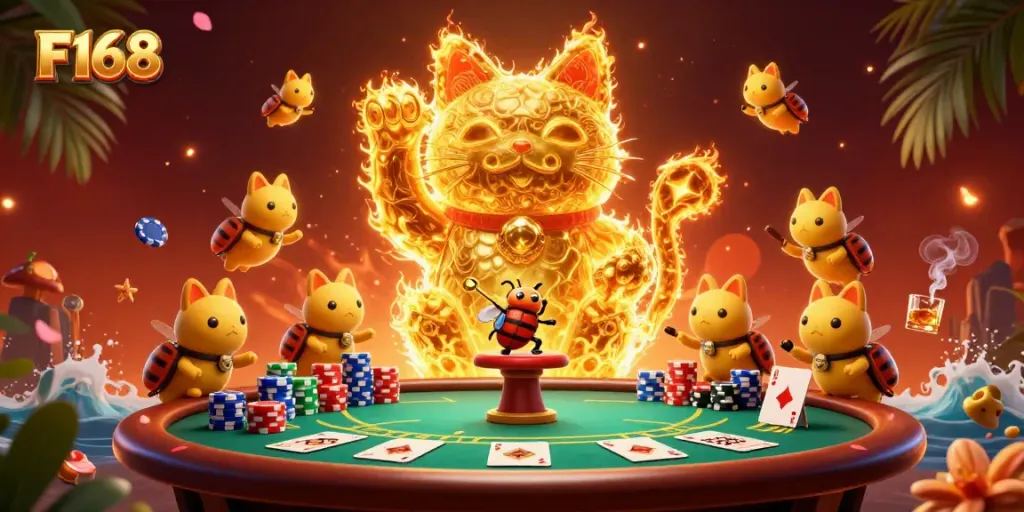 Experience the excitement of F168 with a vibrant casino scene featuring a lucky cat and dynamic gameplay.