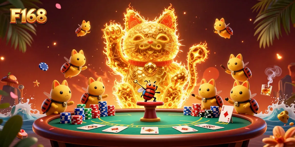 Experience the excitement of F168 with a vibrant casino scene featuring a lucky cat and dynamic gameplay.