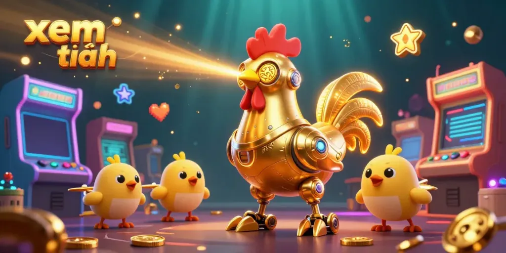 xem thêm engaging visual of a golden rooster robot amidst vibrant casino elements.