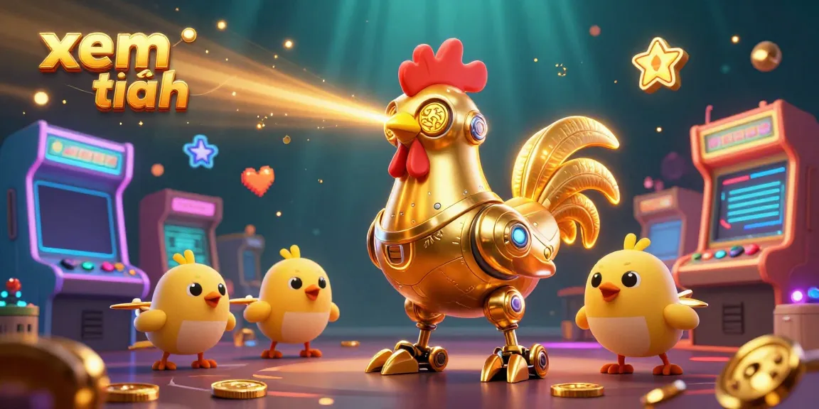 xem thêm engaging visual of a golden rooster robot amidst vibrant casino elements.
