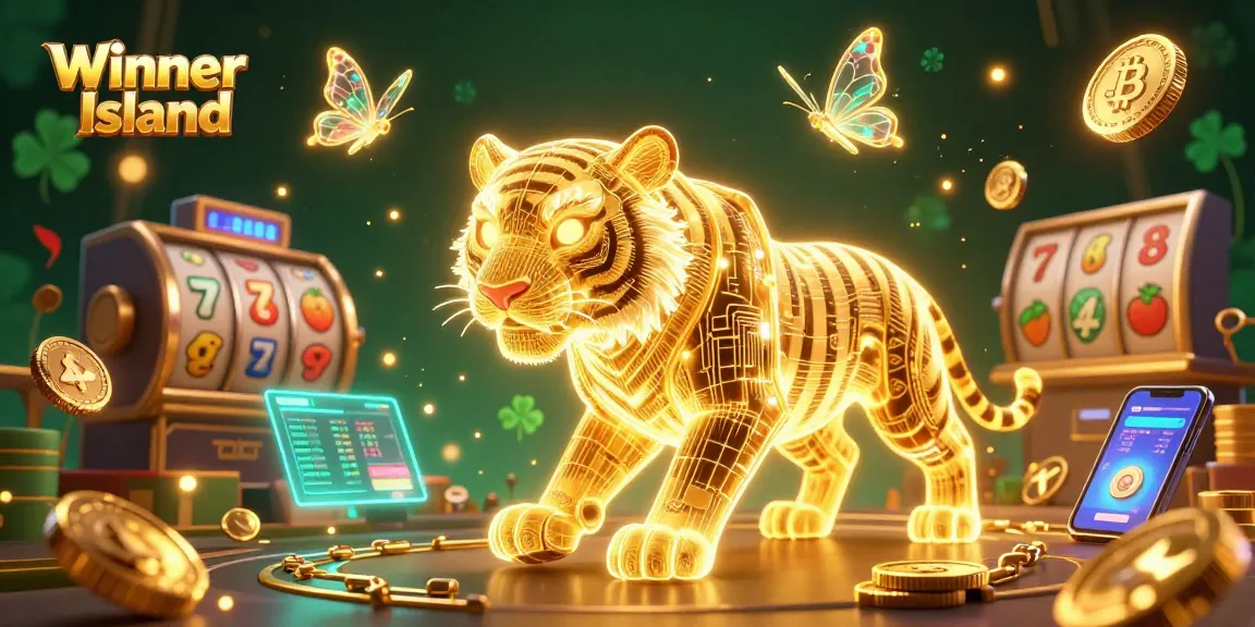 Experience fun and excitement with Winner Island Casino's neon-lit digital scene filled with slot games and cryptocurrencies.