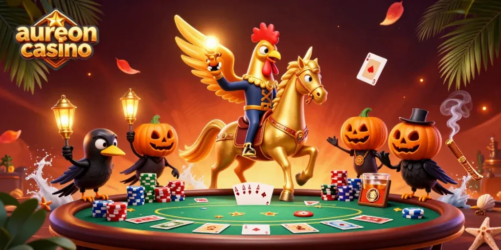 Aureoncasino showcases a vibrant casino scene with a golden rooster and spectral companions at a poker table, enhancing the gaming atmosphere.